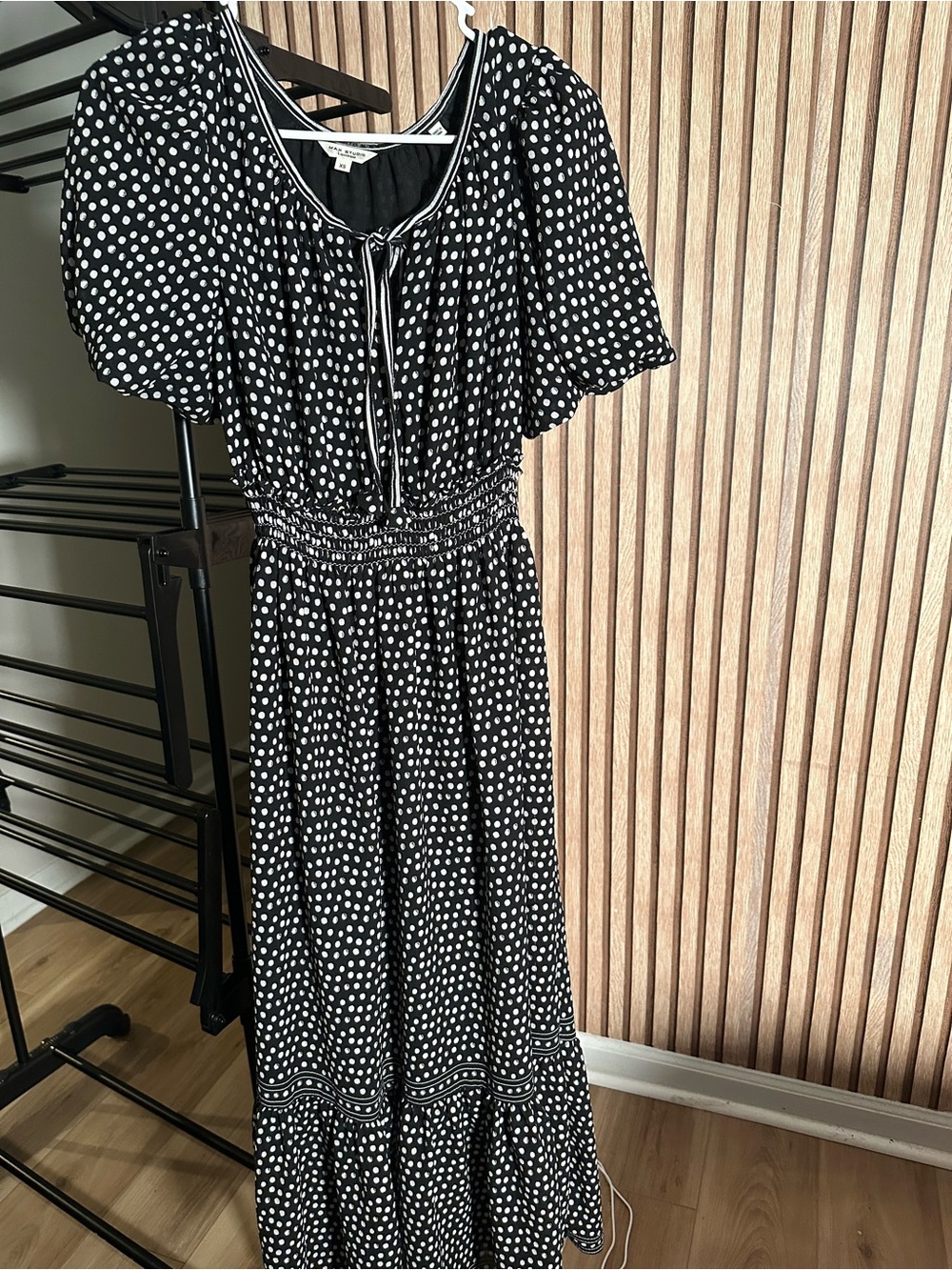 Max Studio London Black & White Polka Dot Maxi Dress with Smocked Waist